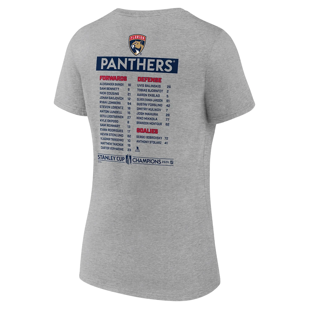 Women's Fanatics Heather Gray Florida Panthers 2024 Stanley Cup Champions Roster V-Neck T-Shirt