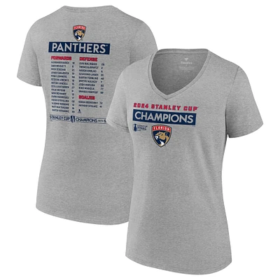 T-shirt à col en V Fanatics Heather Grey pour femmes des Panthers de la Floride 2024, liste champions Coupe Stanley