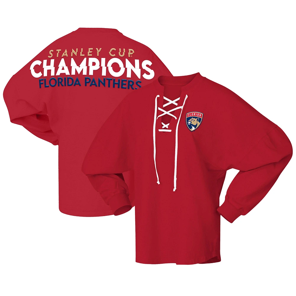 Haut à manches longues lacets Spirit pour femmes Fanatics Red Florida Panthers Champions de la Coupe Stanley 2024