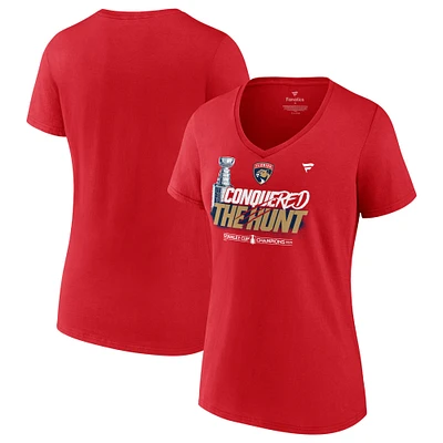 T-shirt rouge à col en V Fanatics pour femmes des Panthers de la Floride 2024 du défilé champions Coupe Stanley