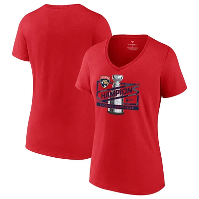 T-shirt rouge à col en V Fanatics pour femmes des Panthers de la Floride 2024 Champions Coupe Stanley Primetime