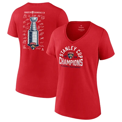 Women's Fanatics Red Florida Panthers 2024 Stanley Cup Champions Signature Roster V-Neck T-Shirt