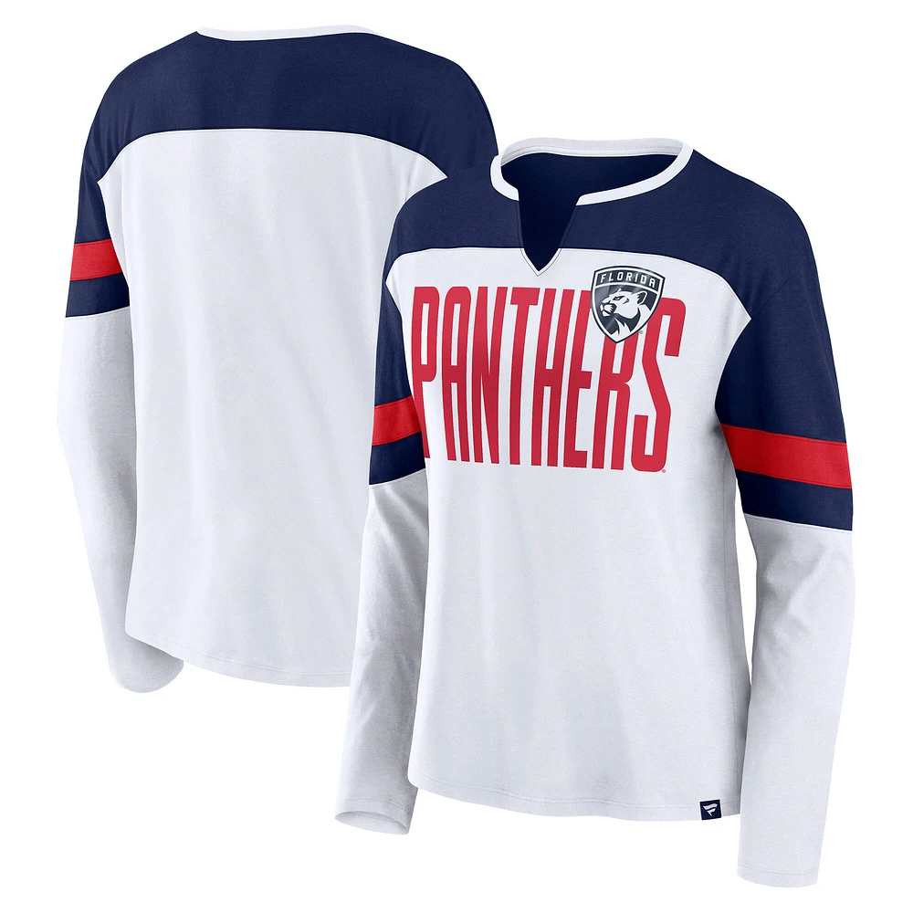 Women's Fanatics White/Navy Florida Panthers Frozen Long Sleeve Notch Neck T-Shirt