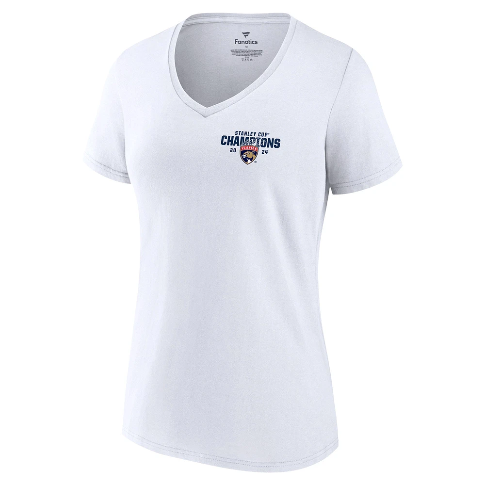 T-shirt blanc à col en V Fanatics pour femmes des Panthers de la Floride 2024 Champions Coupe Stanley, maillot grande taille