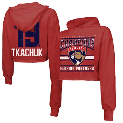 Women's Majestic Threads Matthew Tkachuk Red Florida Panthers 2024 Stanley Cup Champions Cropped Tri-Blend Name & Number Pullover Hoodie