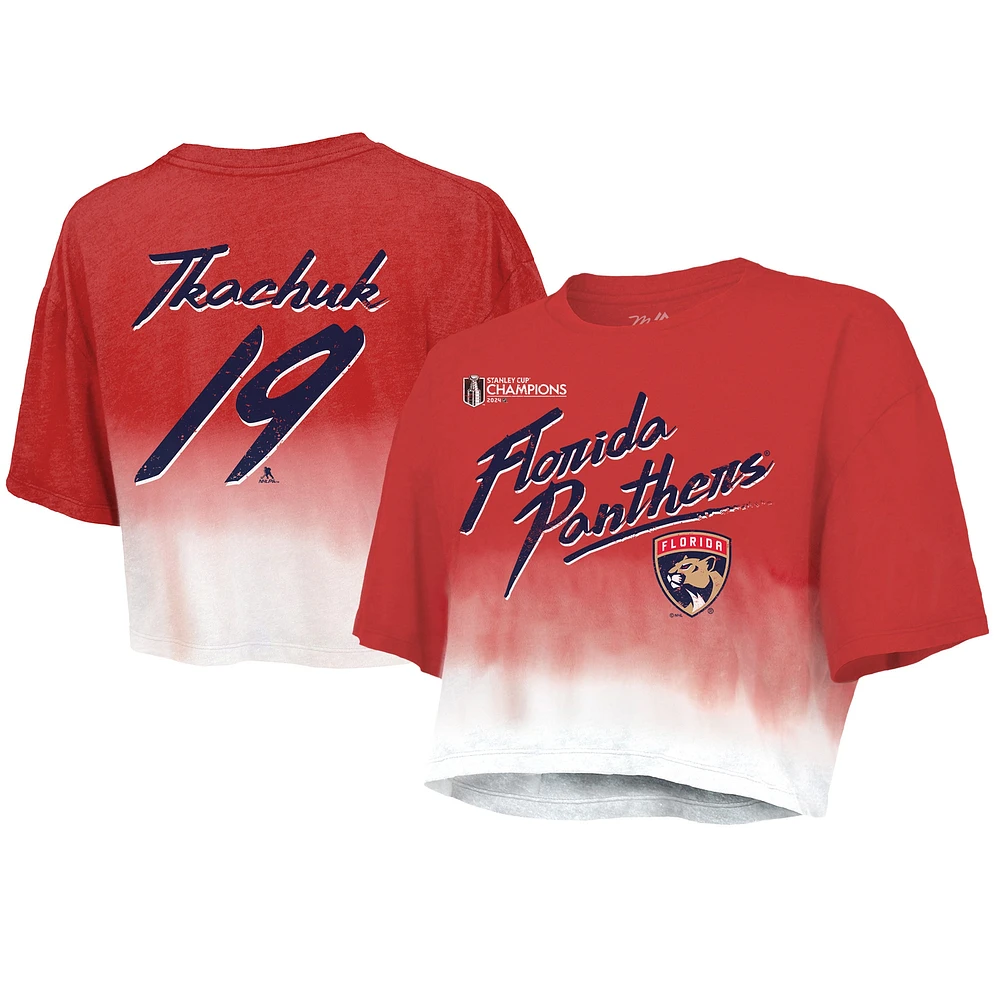 Women's Majestic Threads Matthew Tkachuk Red Florida Panthers 2024 Stanley Cup Champions Dip Dye Boxy Crop Name & Number T-Shirt