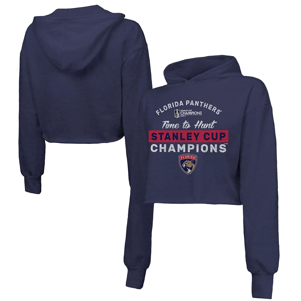 Women's Majestic Threads  Navy Florida Panthers 2024 Stanley Cup Champions Cropped Pullover Hoodie