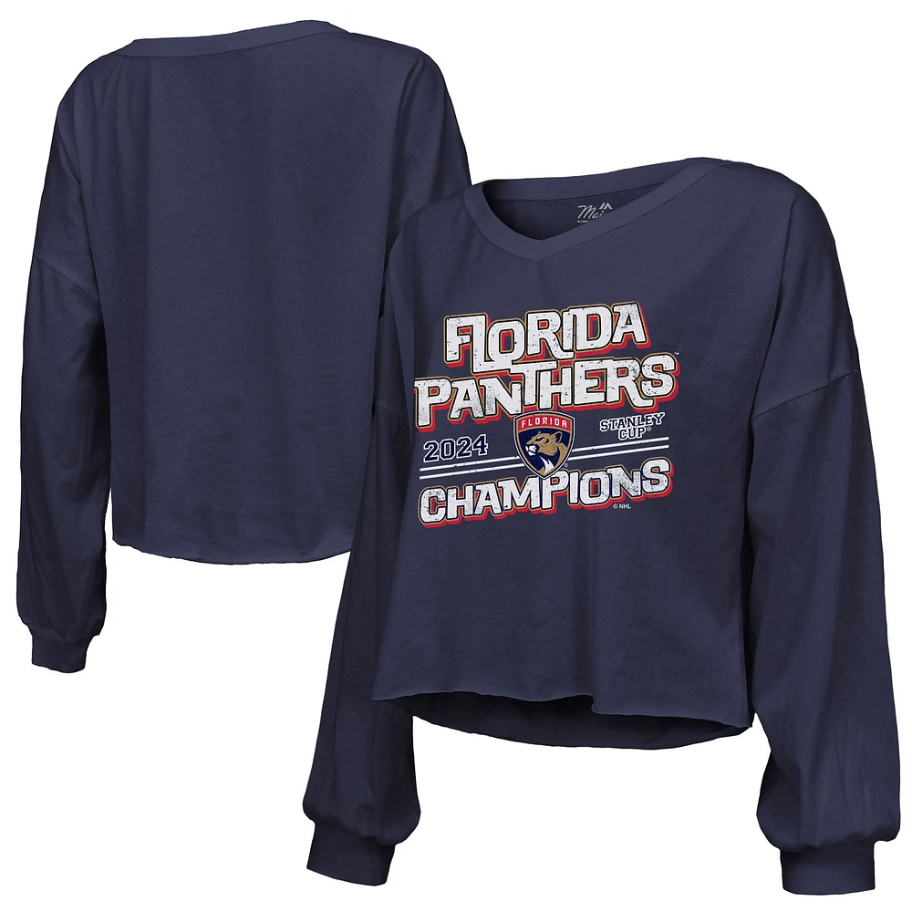 Women's Majestic Threads  Navy Florida Panthers 2024 Stanley Cup Champions Off-Shoulder Long Sleeve V-Neck T-Shirt