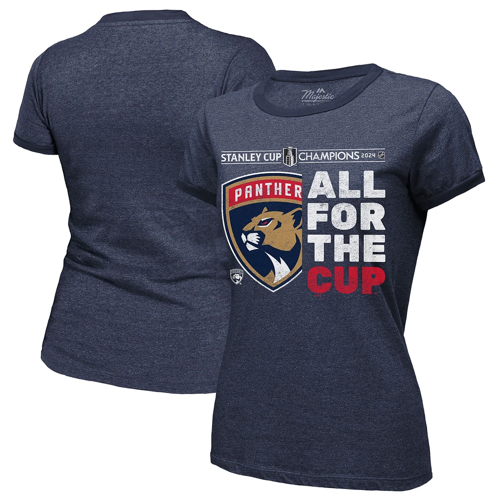 Women's Majestic Threads  Navy Florida Panthers 2024 Stanley Cup Champions Tri-Blend Ringer T-Shirt