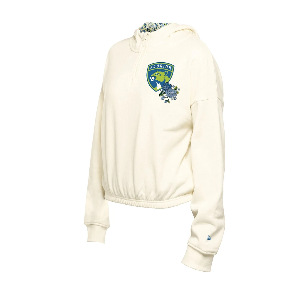 Women's New Era Cream Florida Panthers Glam Game Quarter-Zip Cropped Floral Hoodie Pullover