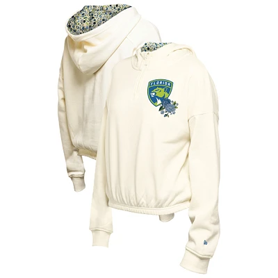 Women's New Era Cream Florida Panthers Glam Game Quarter-Zip Cropped Floral Hoodie Pullover