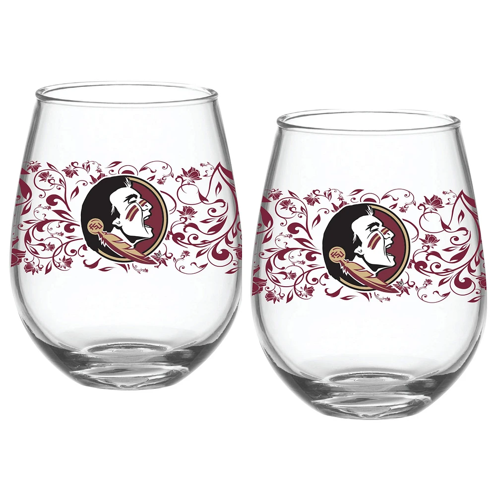 Florida State Seminoles Two-Pack 15oz. Floral Stemless Glass Set