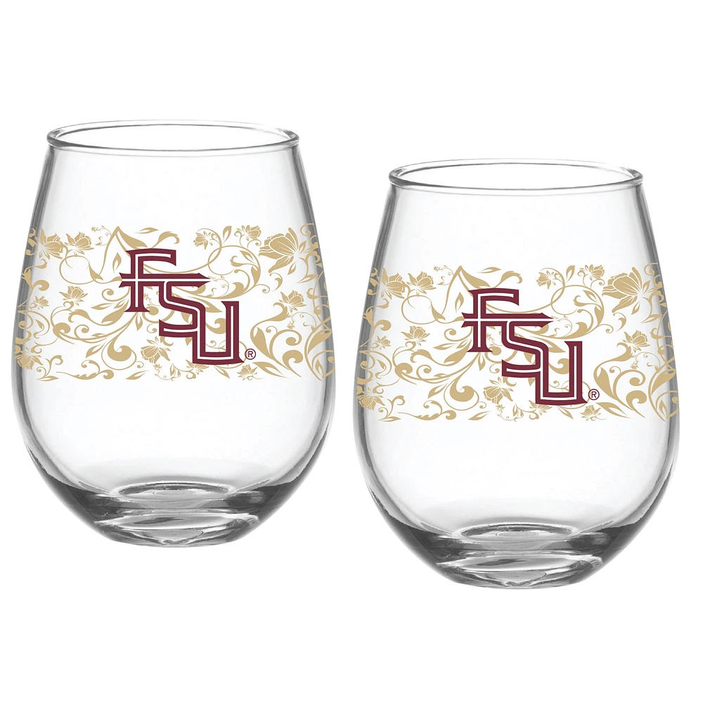 Florida State Seminoles Two-Pack 15oz. Floral Stemless Glass Set