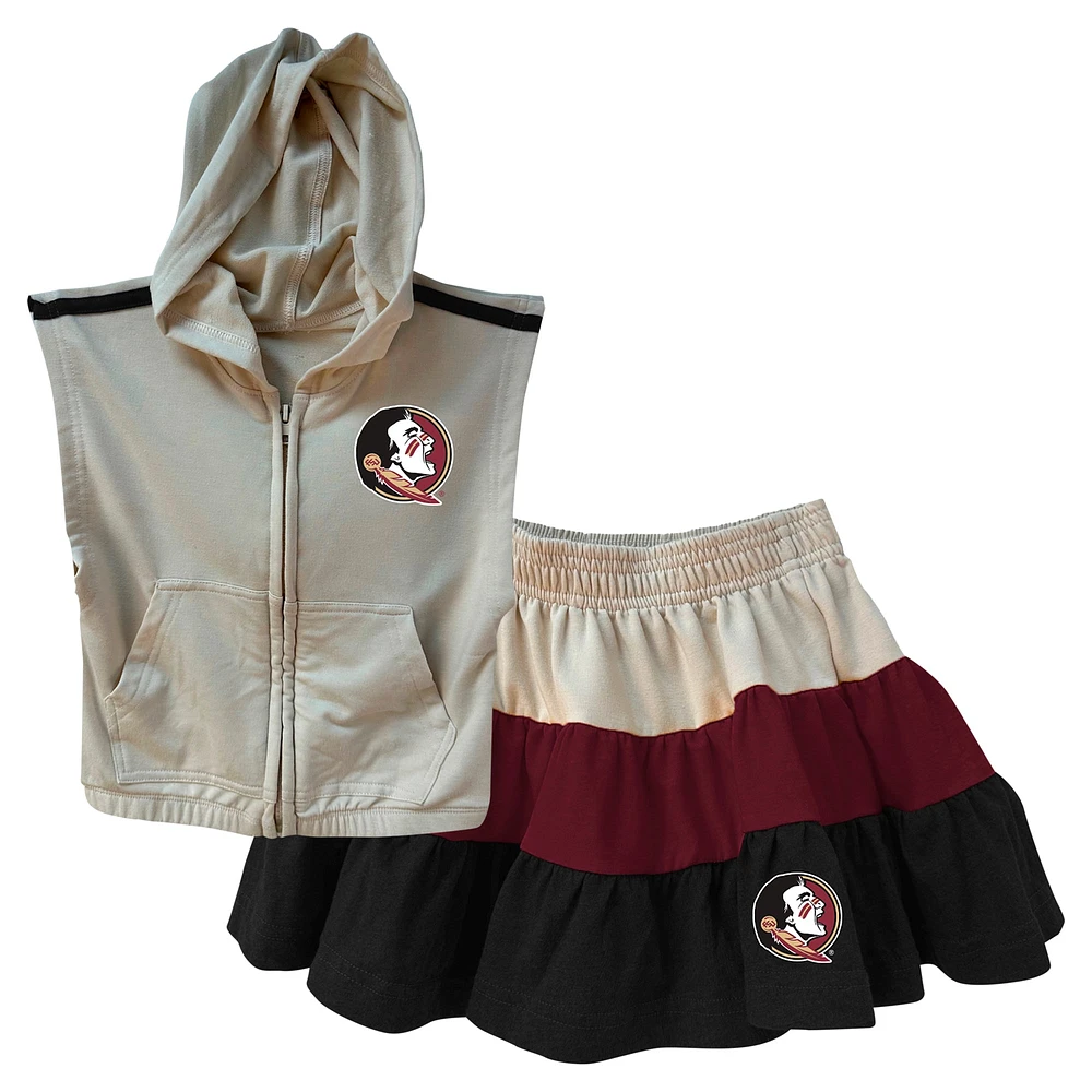 Girls Toddler Wes & Willy Tan Florida State Seminoles Tri-Blend Sleeveless Full-Zip Hoodie Tiered Skirt Set