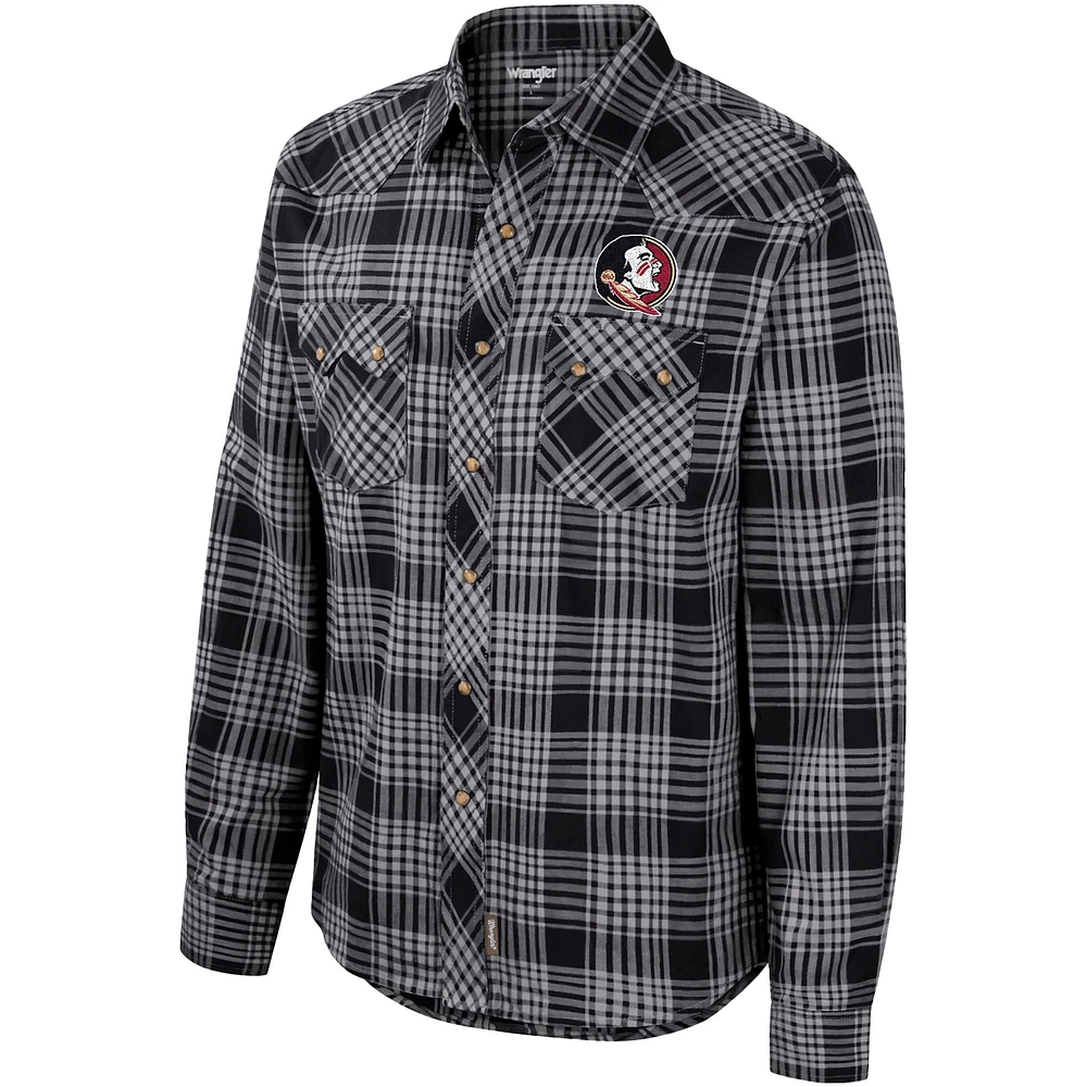 Men's Colosseum x Wrangler  Black Florida State Seminoles Plaid Western Long Sleeve Full-Snap Shirt