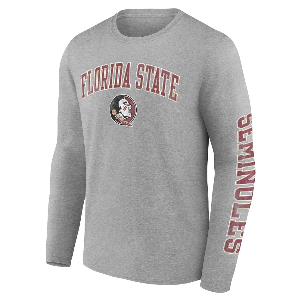 T-shirt à manches longues Fanatics Heather Grey Florida State Seminoles pour hommes, arche en détresse sur logo