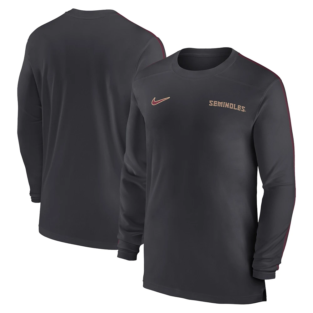 T-shirt à manches longues Nike Anthracite Florida State Seminoles 2024 Sideline Coach UV Performance pour homme