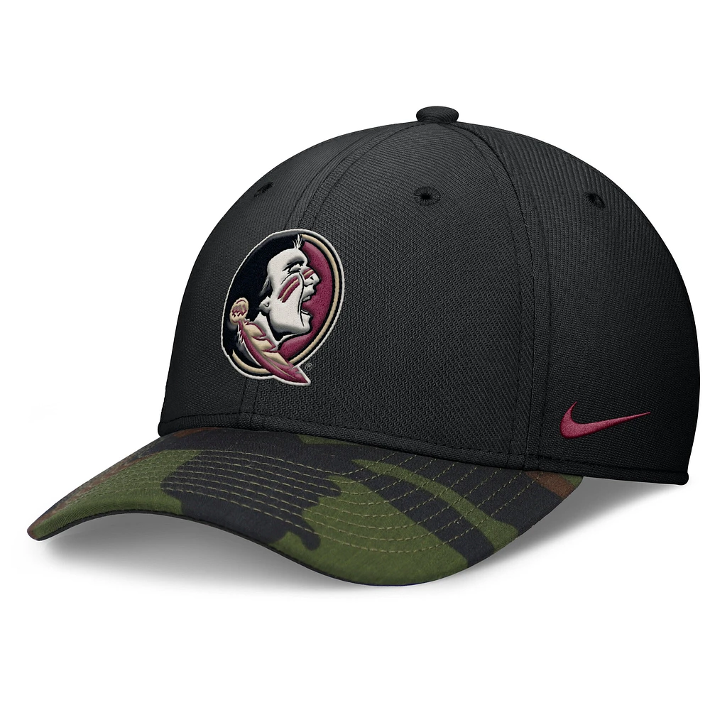 Men's Nike Black/Camo Florida State Seminoles 2024 Military Appreciation Rise Swoosh Performance Flex Hat