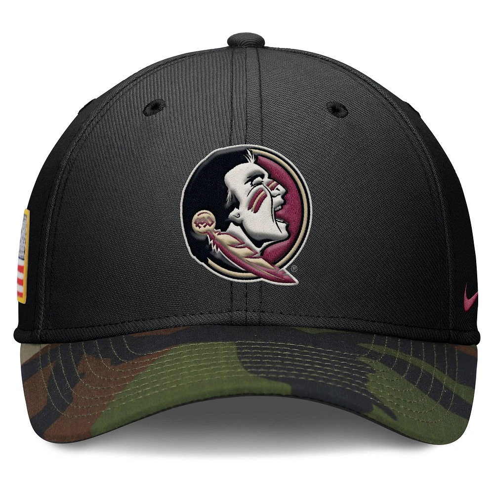 Men's Nike Black/Camo Florida State Seminoles 2024 Military Appreciation Rise Swoosh Performance Flex Hat