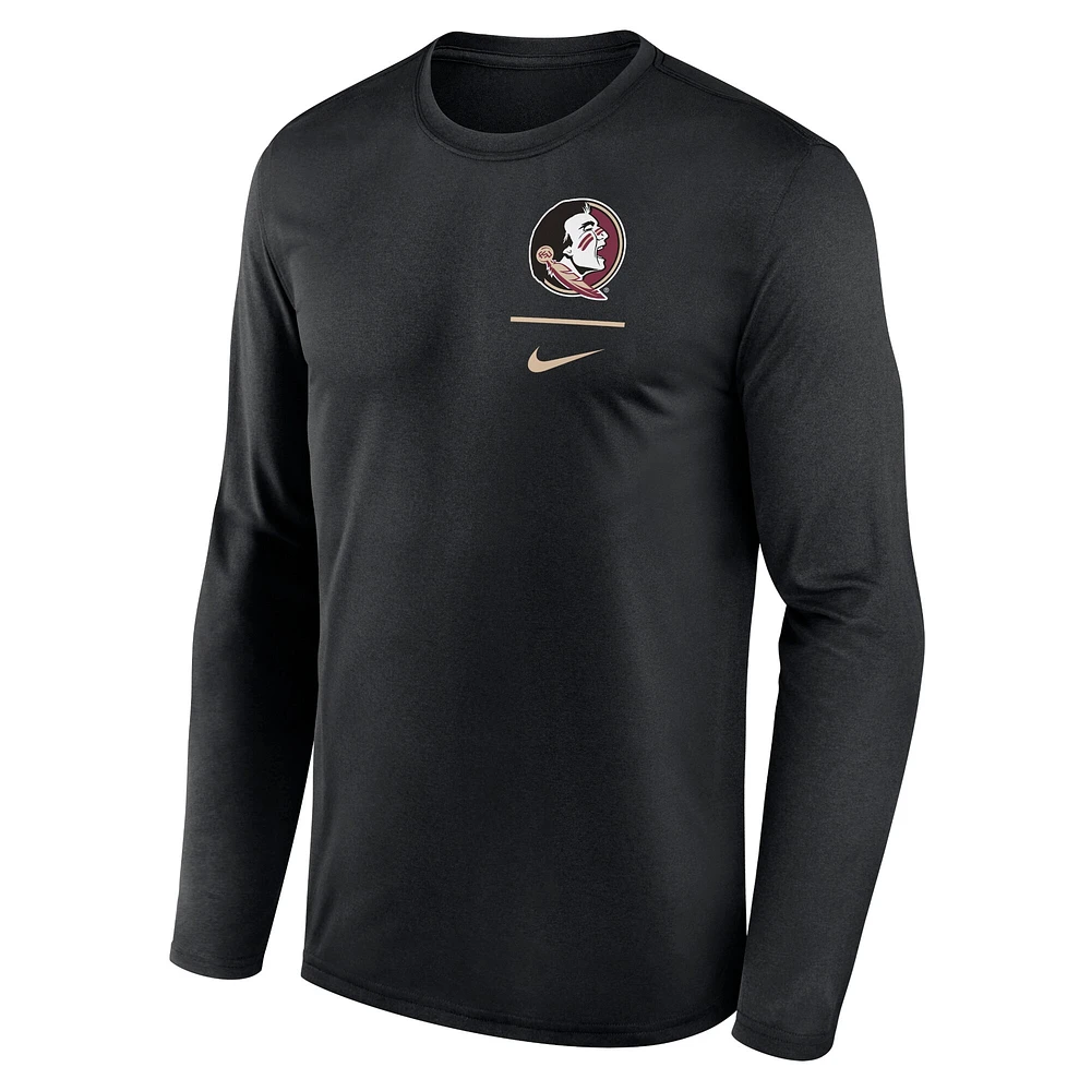 T-shirt Nike noir à manches longues pour homme Florida State Seminoles Primary Stack Legend Performance