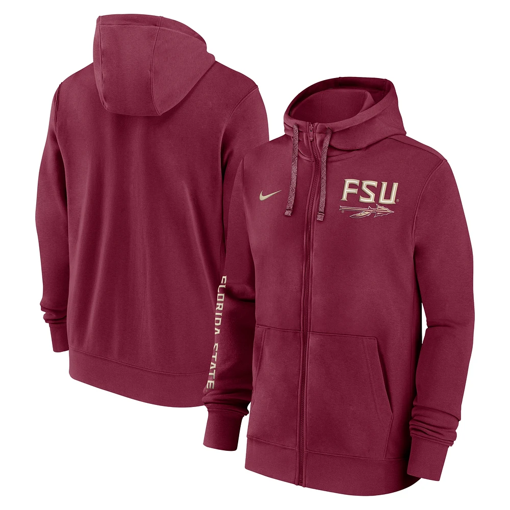 Sweat à capuche entièrement zippé Nike Garnet Florida State Seminoles 2024 Sideline pour homme