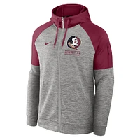 Sweat à capuche Nike gris chiné Florida State Seminoles Fitness Raglan Performance entièrement zippé pour homme