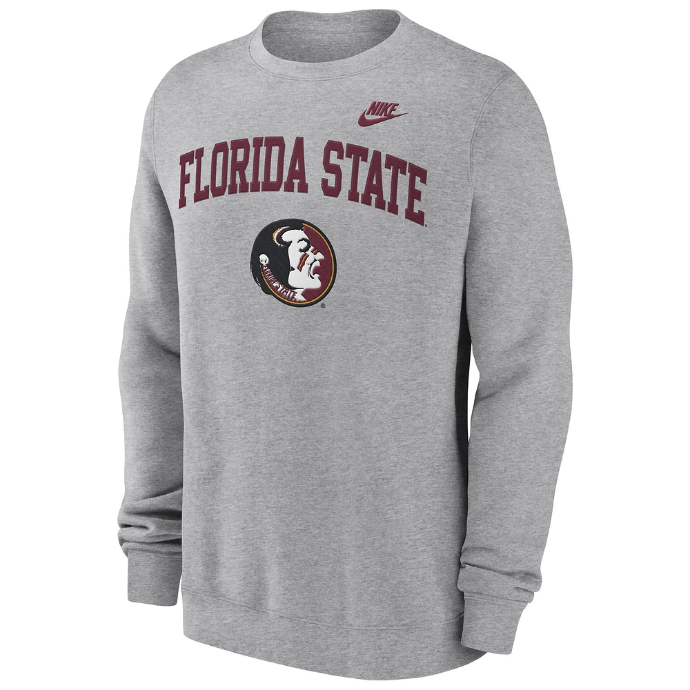 Men's Nike Heather Gray Florida State Seminoles Legacy Classic Tackle Twill Embroidered Arch Over Logo Pullover Sweatshirt