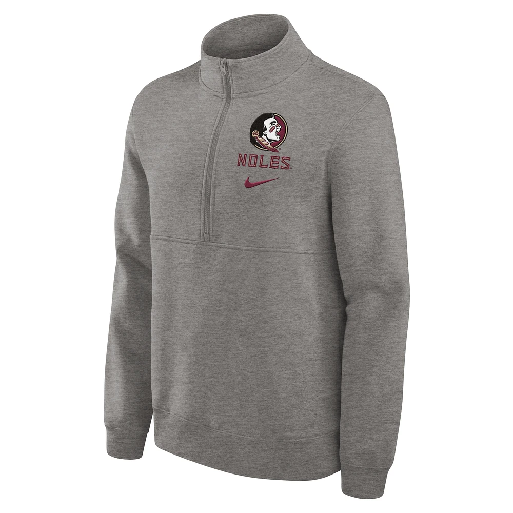 Men's Nike Heather Gray Florida State Seminoles Primetime Club Half-Zip Sweatshirt