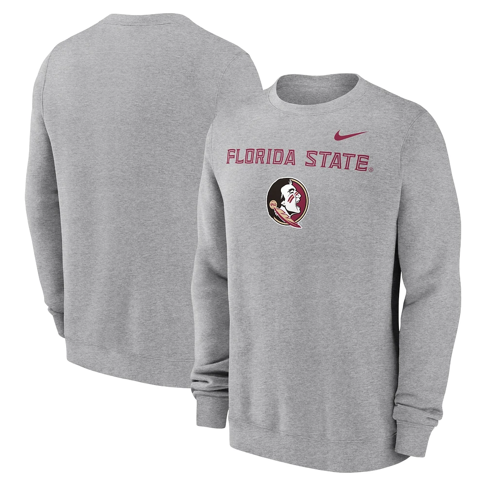 Men's Nike Heather Gray Florida State Seminoles Primetime Primary Stack Pullover Sweatshirt