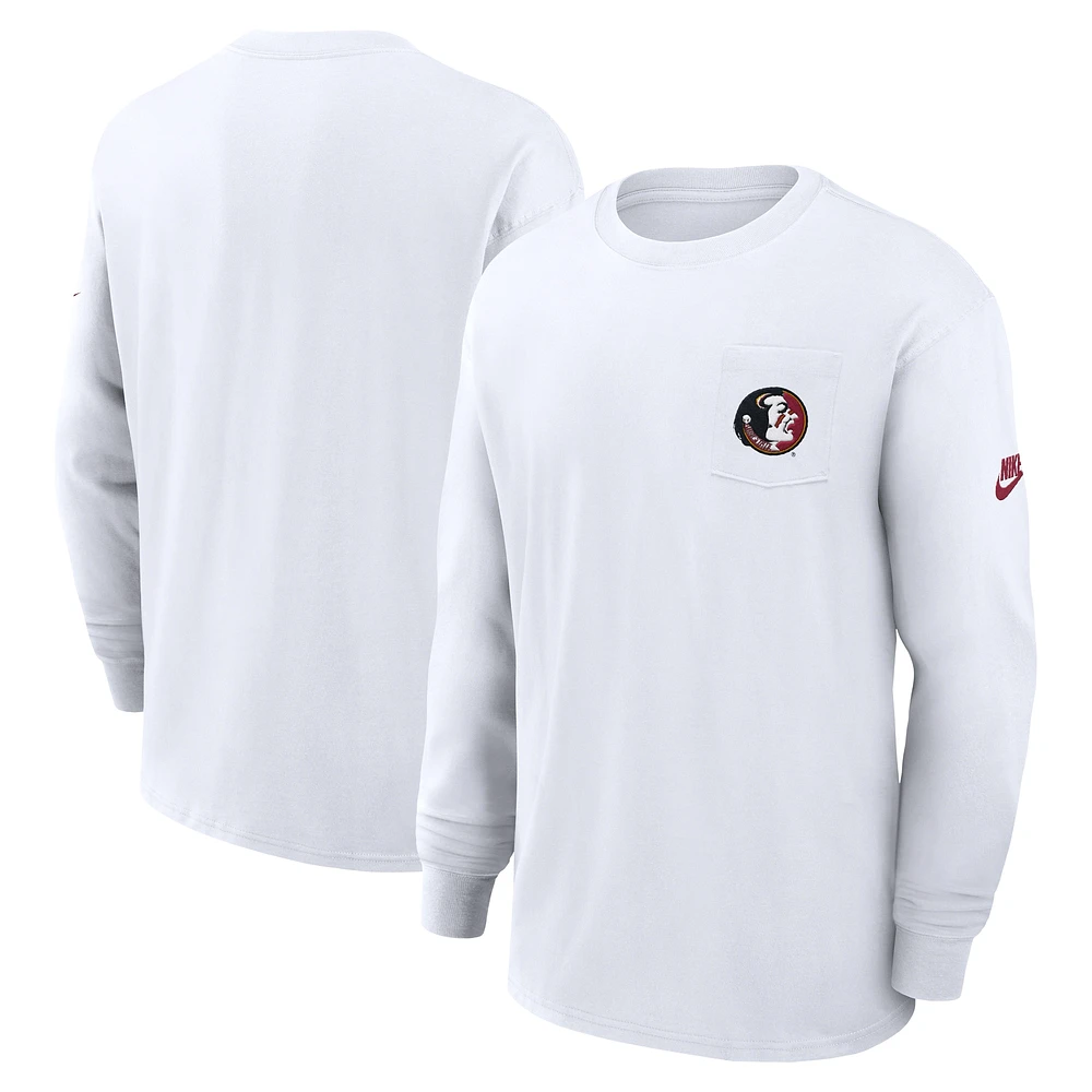 T-shirt Nike à manches longues et poche pour hommes, blanc, Florida State Seminoles Legacy Max90