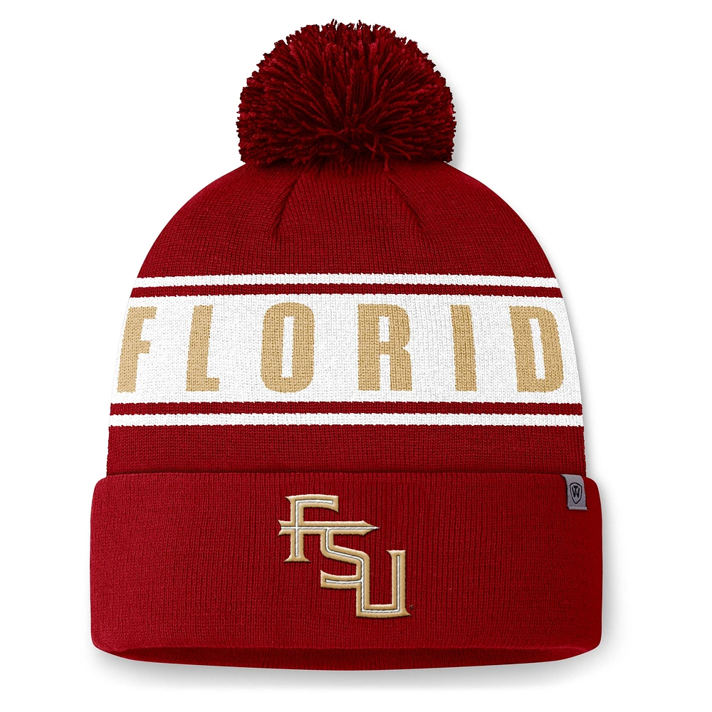 Bonnet tricoté à revers Slash avec pompon pour homme Top of the World Garnet Florida State Seminoles