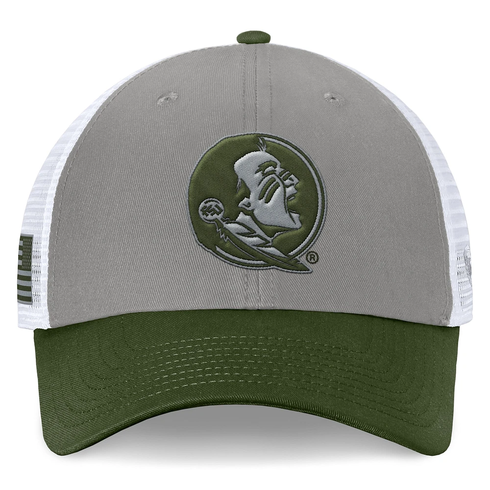 Men's Top of the World Gray/Green Florida State Seminoles OHT Military Appreciation Badge Trucker Adjustable Hat