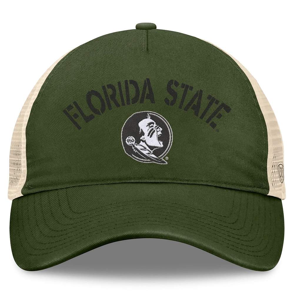 Chapeau réglable Top of the World Hunter Green Florida State Seminoles OHT pour hommes, appréciation militaire Glory Trucker