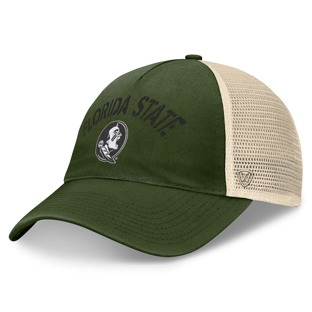 Chapeau réglable Top of the World Hunter Green Florida State Seminoles OHT pour hommes, appréciation militaire Glory Trucker