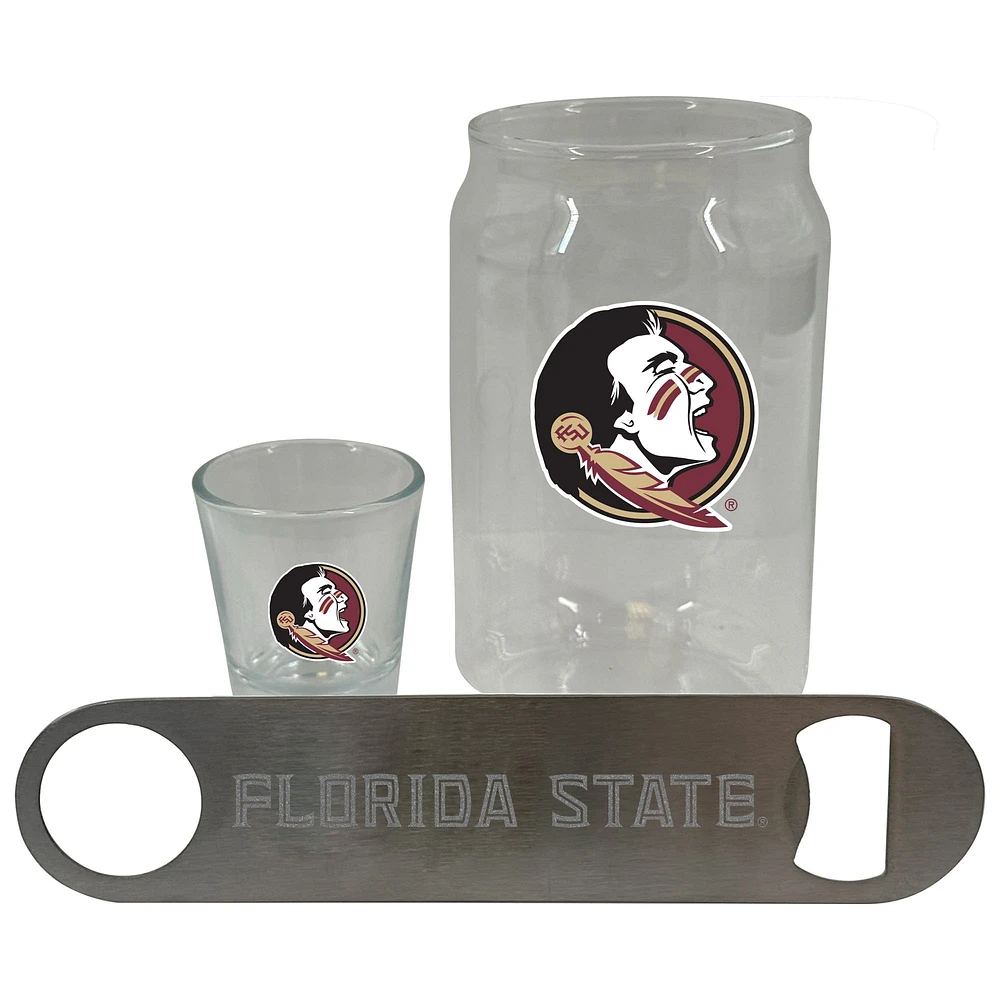 Ensemble de trois verres à bière Florida State Seminoles de The Memory Company, verre à liqueur de 2 oz et décapsuleur