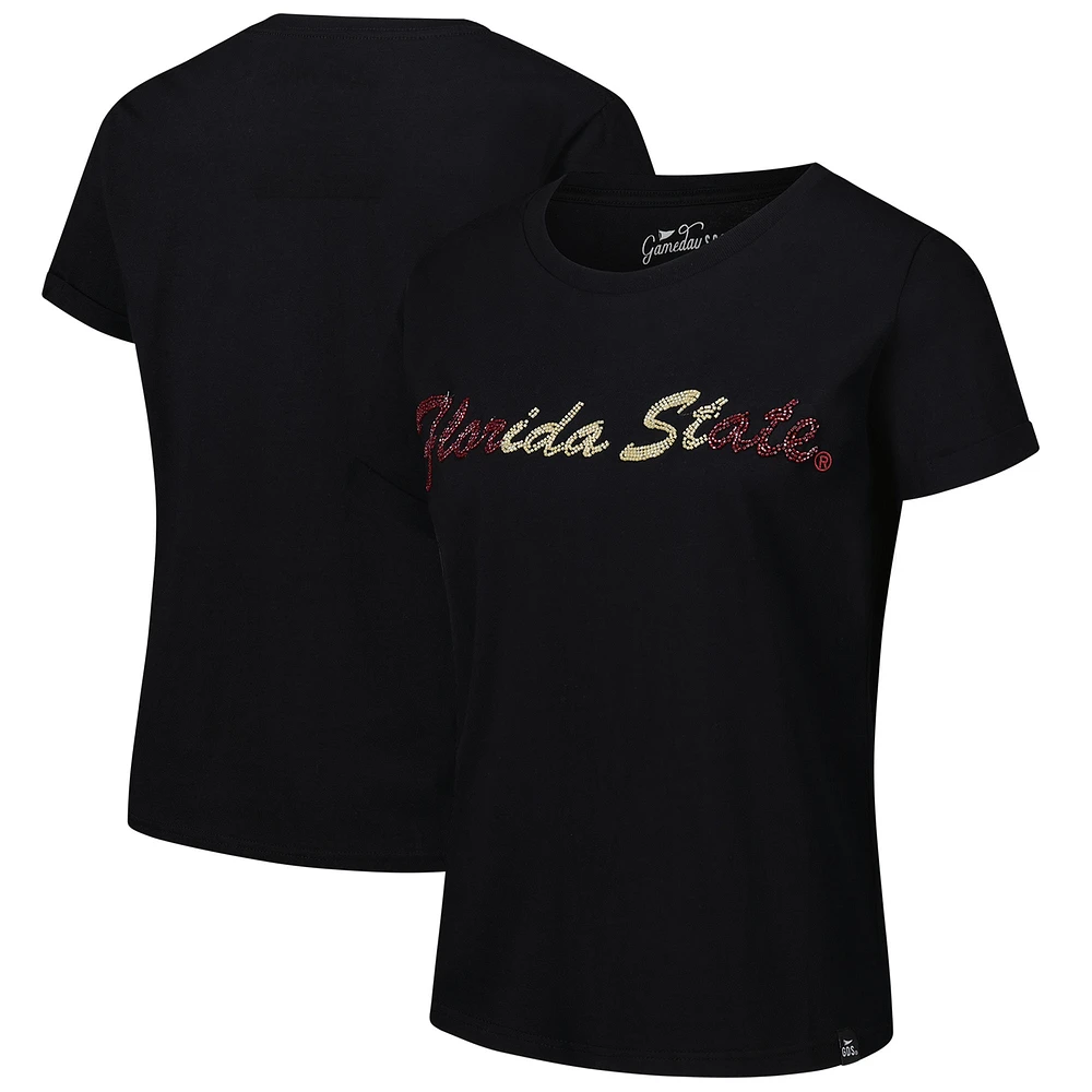 T-shirt noir pour femme avec inscription en perles cousues à la main Florida State Seminoles