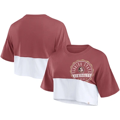 T-shirt court surdimensionné à badge color block Fanatics Garnet/Blanc Florida State Seminoles pour femmes