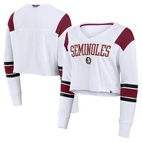 Women's Fanatics White Florida State Seminoles Training Camp Cropped Long Sleeve V-Neck Fashion Top