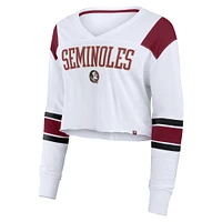 Women's Fanatics White Florida State Seminoles Training Camp Cropped Long Sleeve V-Neck Fashion Top