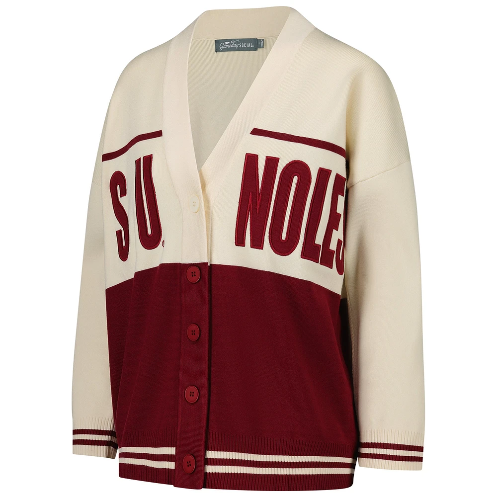 Cardigan boutonné rétro tissé Carley des Florida State Seminoles pour femmes, couleur grenat/crème, tenue de match