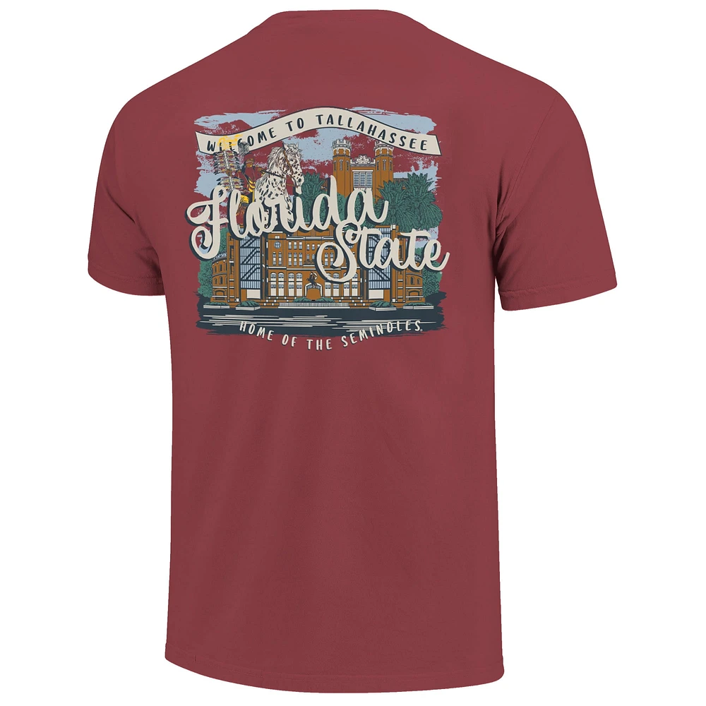 T-shirt confort pour femme avec inscription « Campus Scene Drawing » des Florida State Seminoles, couleur grenat