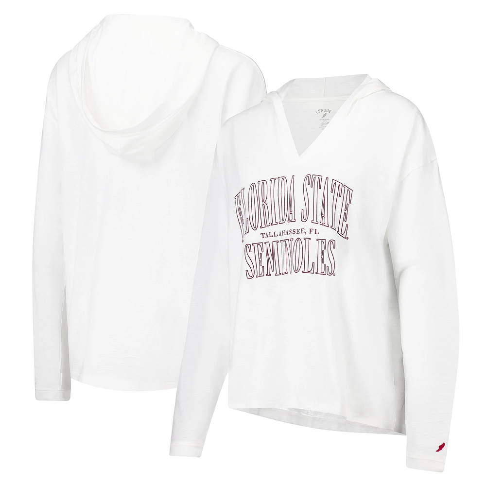 T-shirt à capuche manches longues et col en V blanc Florida State Seminoles Slub pour femmes