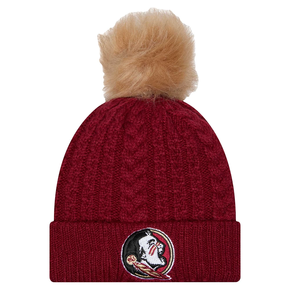 Bonnet tricoté à revers de luxe avec pompon pour femme Florida State Seminoles New Era Garnet