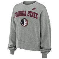 Women's Nike Heather Gray Florida State Seminoles Legacy Fleece Classic Arch Oversized Cropped Tackle Twill Sweatshirt