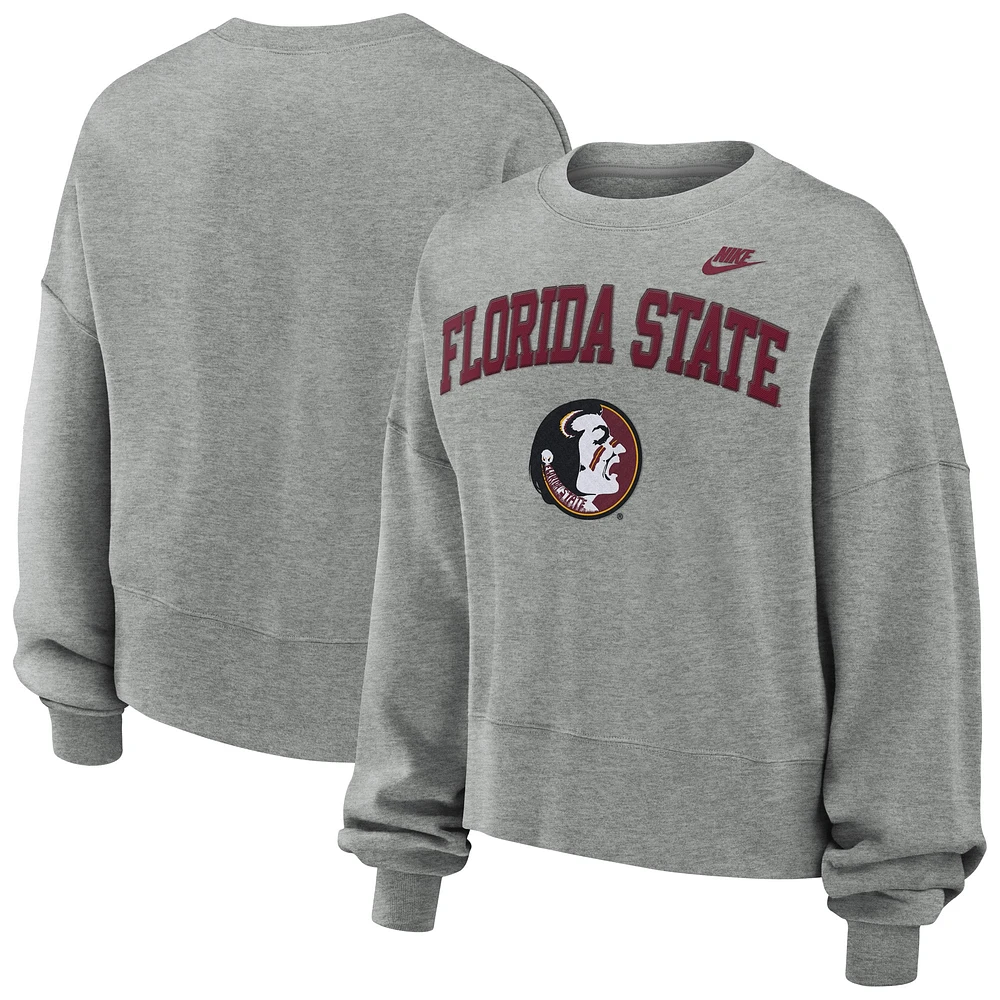 Sweat-shirt en sergé surdimensionné à col rond polaire classique Florida State Seminoles Legacy Fleece pour femme, gris chiné, Nike