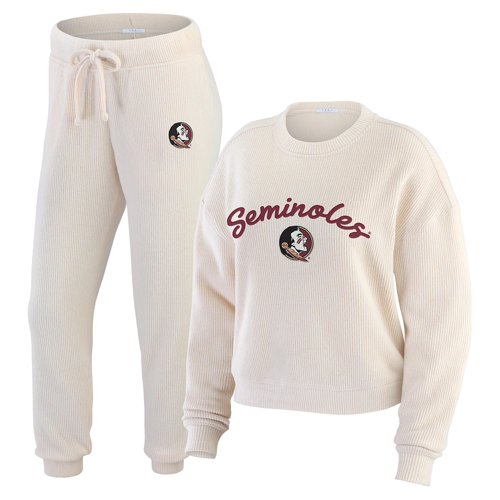 Ensemble de détente pour femme WEAR by Erin Andrews composé d'un t-shirt à manches longues et pantalon côtelés couleur crème des Florida State Seminoles