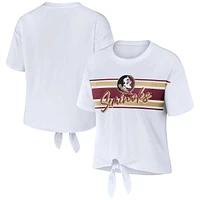 Women's WEAR by Erin Andrews White Florida State Seminoles Striped Front Knot Cropped T-Shirt