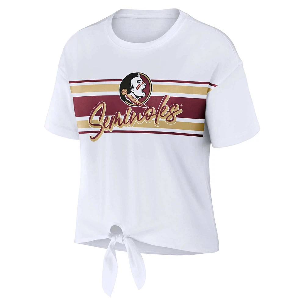 Women's WEAR by Erin Andrews White Florida State Seminoles Striped Front Knot Cropped T-Shirt