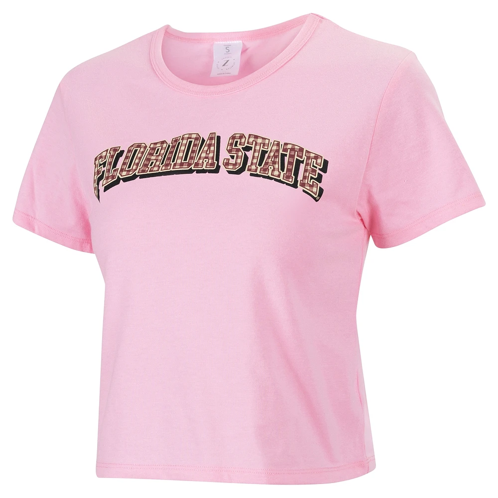 Women's ZooZatz Pink Florida State Seminoles Gingham Logo Cropped T-Shirt