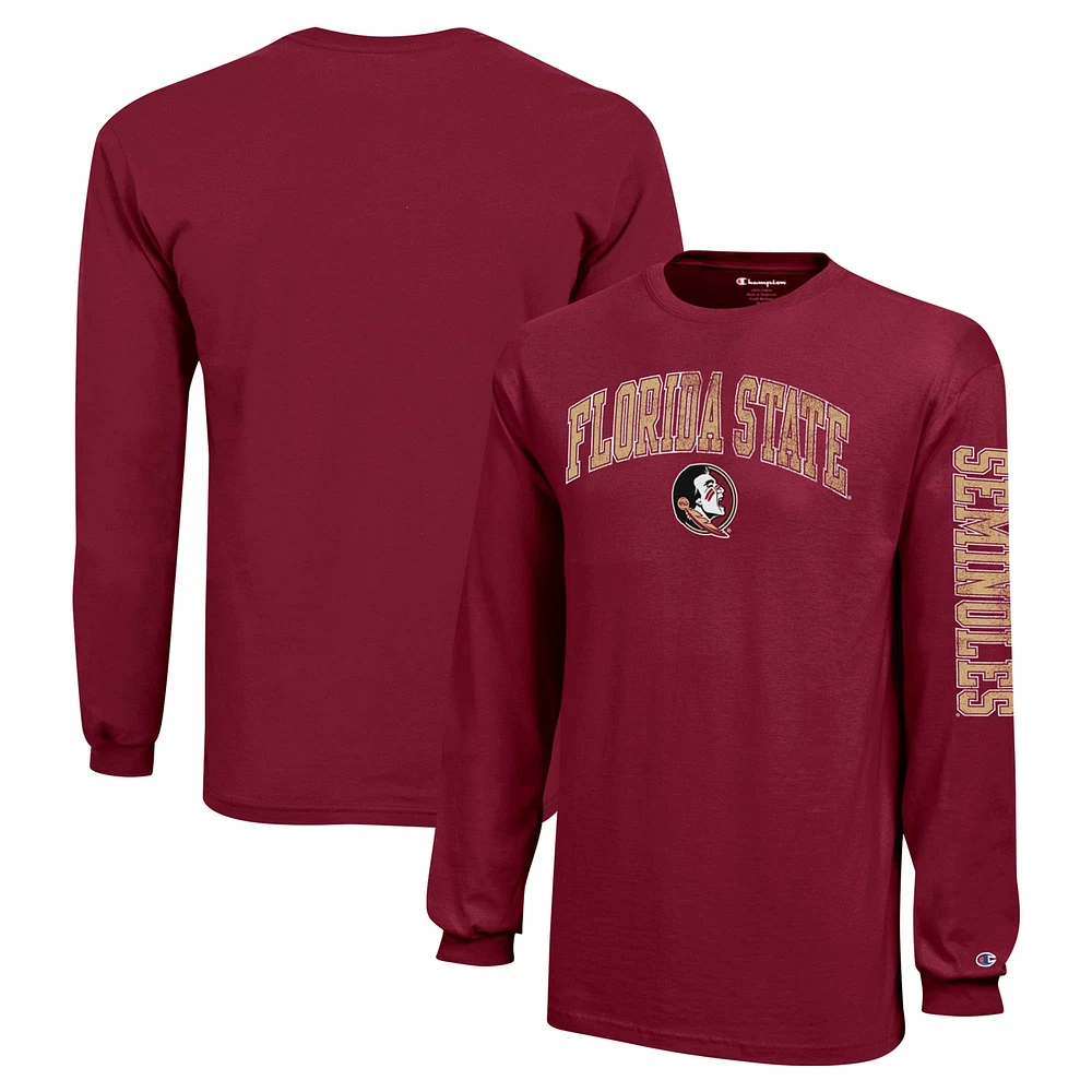 T-shirt à manches longues avec logo vieilli et arches des Florida State Seminoles, champion jeunes Garnet